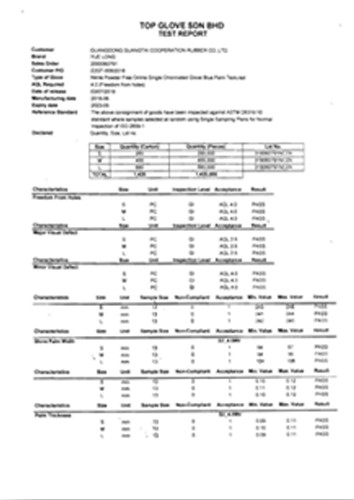 One-time latex and butyl glove test report.